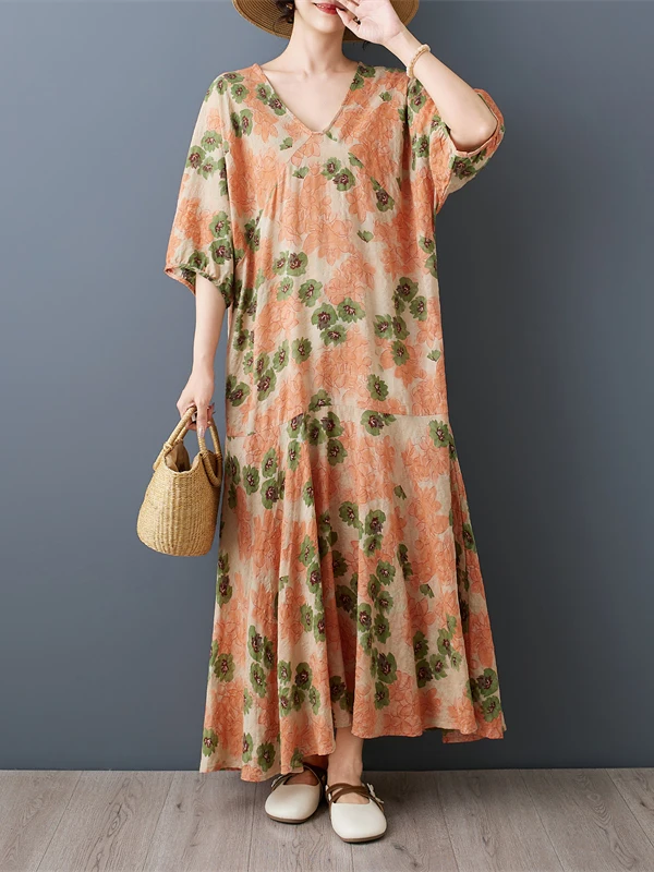 Summer Vintage Large Size A-Line Midi Skirt Cotton Linen Plant Floral Print V-Neck Loose Fit Swing Skirt Citywalk Long Dress