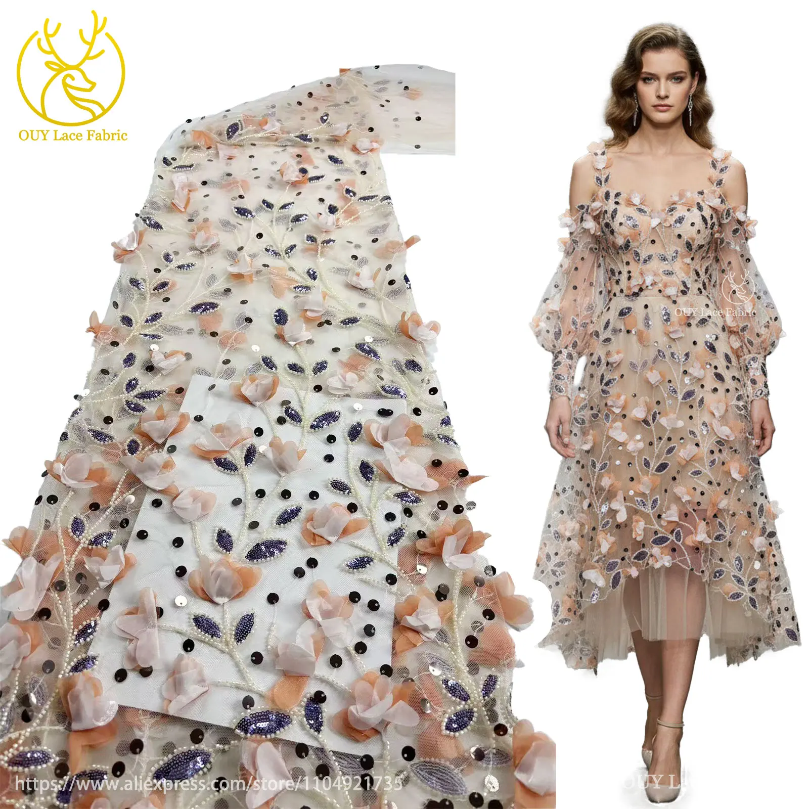 

Elegant Dress Nigeria France 3D Applique Mesh Lace Fabric 2025 African Sequins Embroidery Tulle Lace Fabric Decoration Material