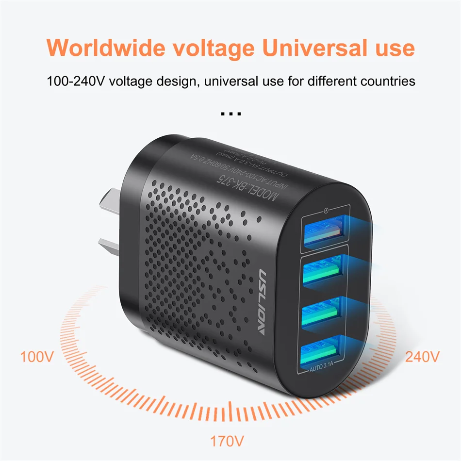 48W AU Plug USB Charger for Australia New Zealand 3A QC3.0 Mobile Phone Charger For iPhone 14 Samsung 4 Port Fast Wall Chargers