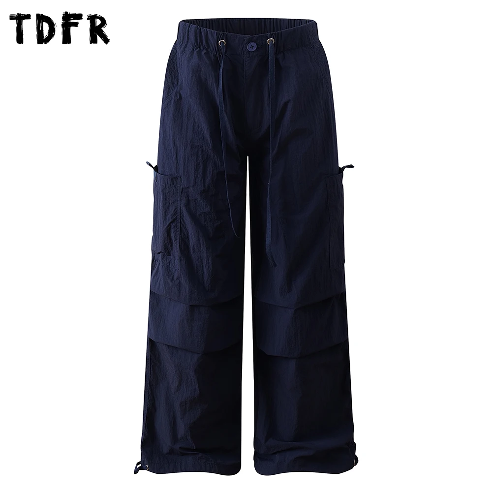 ソリッドカラーカーゴパンツメンズポケットプリーツサファリスタイルストレートだぶだぶジョガーパンツ男のズボン