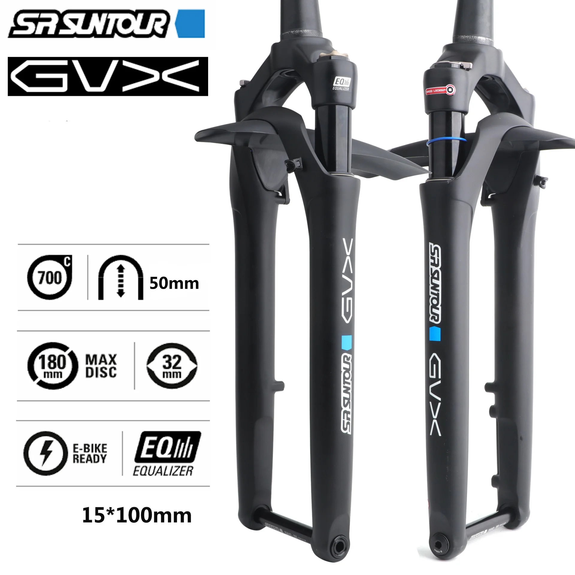 

SR SUNTOUR GVX Road Bike Suspension Fork 700C 50mm travel Thru Alex 100x15mm EQ System Tapered off-road Gravel Bicycle Forks