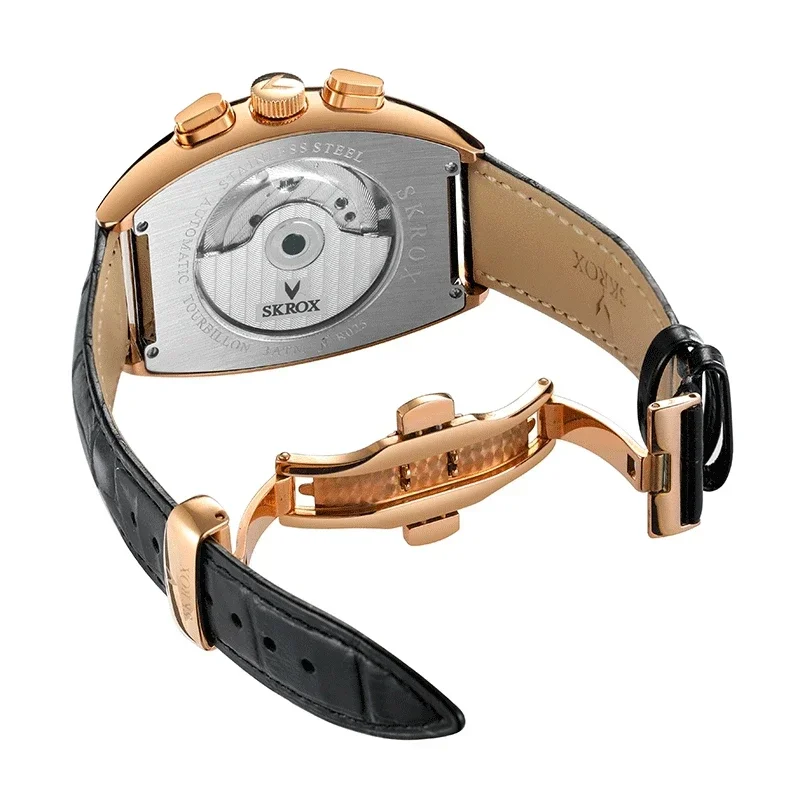 SKROX Shanghai movimiento automático Tourbillon Tonneau marcas de lujo reloj de hombre relojes de pulsera mecánicos para hombre reloj con correa de cuero