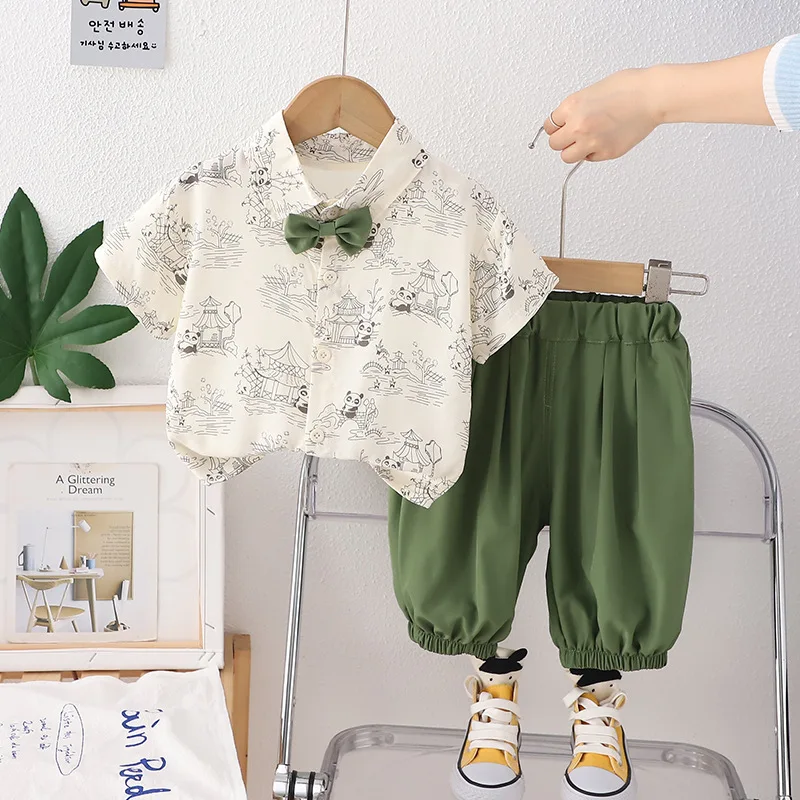 

Baby Boys' 2Pcs Outfit Set Cartoon Panda Print Short Sleeve Shirt & Pants with Bow Tie Casual Cotton Clothing for Toddlers Wear