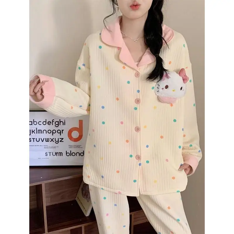 

Sanrio Hello Kitty women's Pajamas Set Sleepwear Thickened Air Cotton For Home And Outdoor Wear Autumn Winter New Style