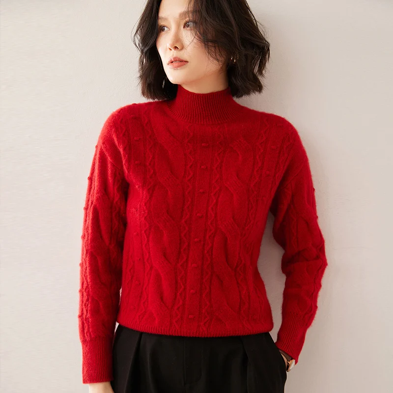 المرأة شبه عالية طوق 100% الكشمير محبوك سترة شتاء جديد سترة جاكار تويست الراقية بلوزات سميكة فضفاضة الكشمير قميص #4