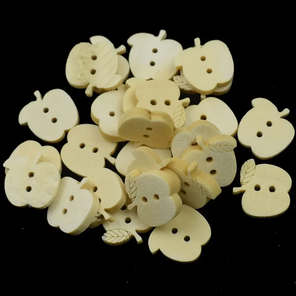 100PCS Wood Button Natural Color Cartoon Apple Wooden Button Sewing Scrapbooking for Christmas Crafts 2 Holes DIY Buttons