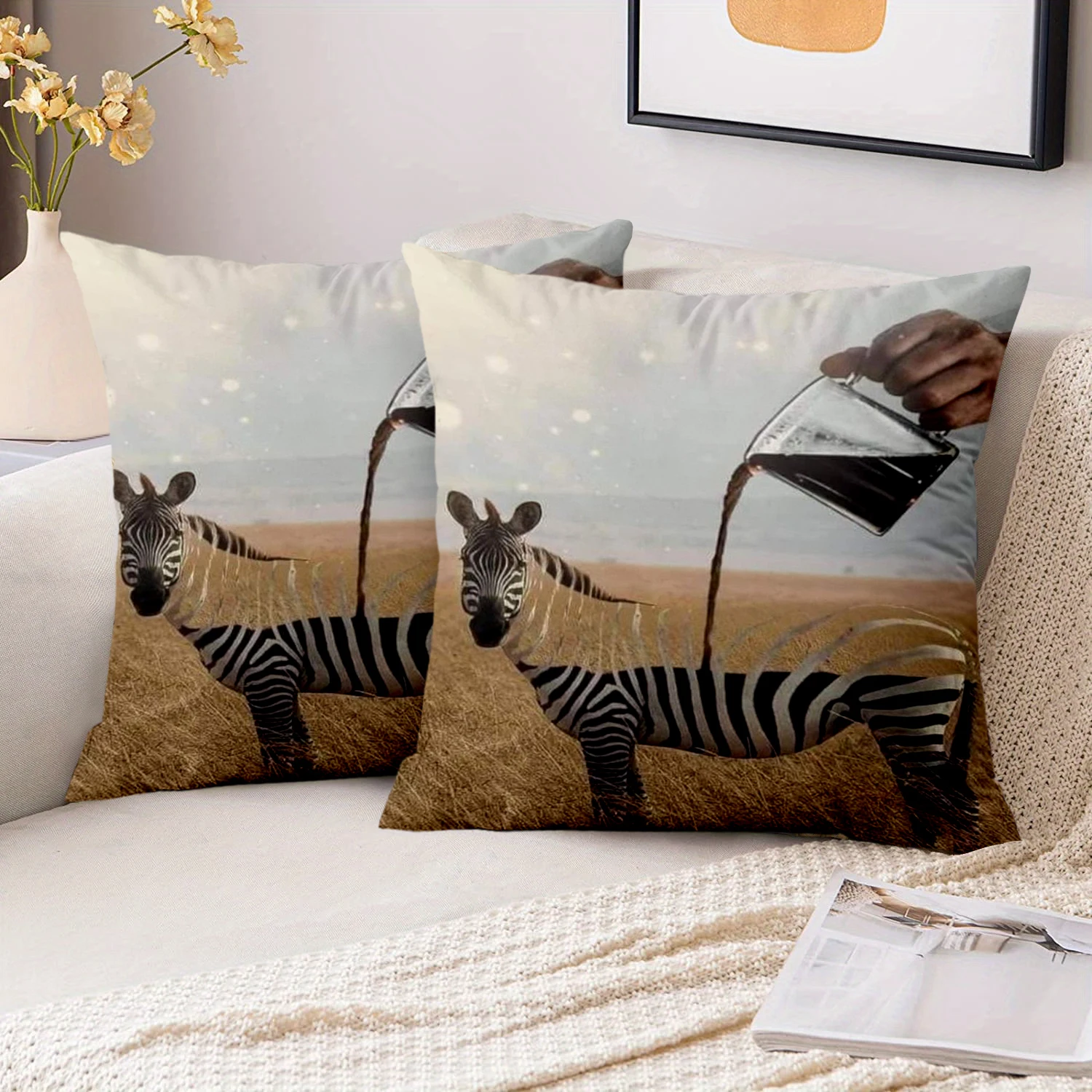 1 Pieces Surreal Zebra Coffee Pour Decor Pillow Cover Polyester sofa decorative cushion cov Headboard Pillow Without Pillow Core