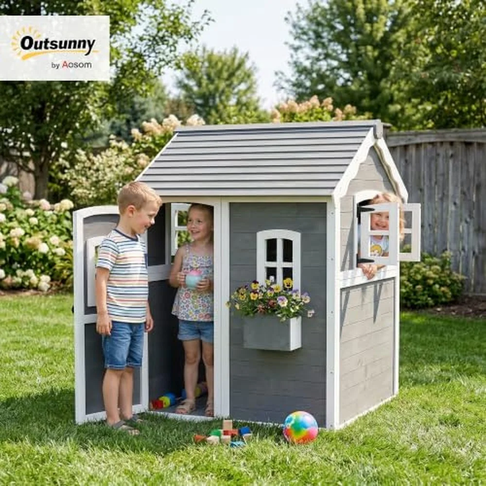 Playhouse for Kids Outdoor Floor Door Windows Planter Box Gray