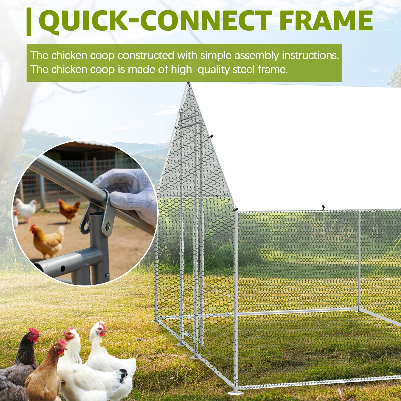 BHB 6.6 X 9.8 X 6.6 ft Large Metal Chicken Coop with Run, Walkin Chicken Coop for Yard with Waterproof Cover, Large Poultry Cage for Hen House, Duck Coop and Rabbit Run