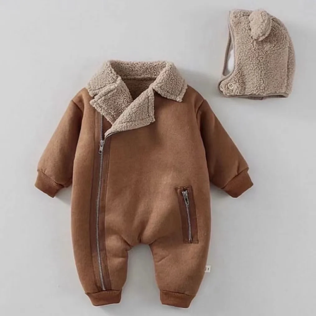 Baby Children\'s Winter One Piece Cashmere Creeper Thickened Jumpsuit Lapel Baby Lamb Cashmere Creeper