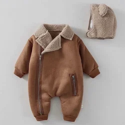 Baby Children's Winter One Piece Cashmere Creeper Thickened Jumpsuit Lapel Baby Lamb Cashmere Creeper