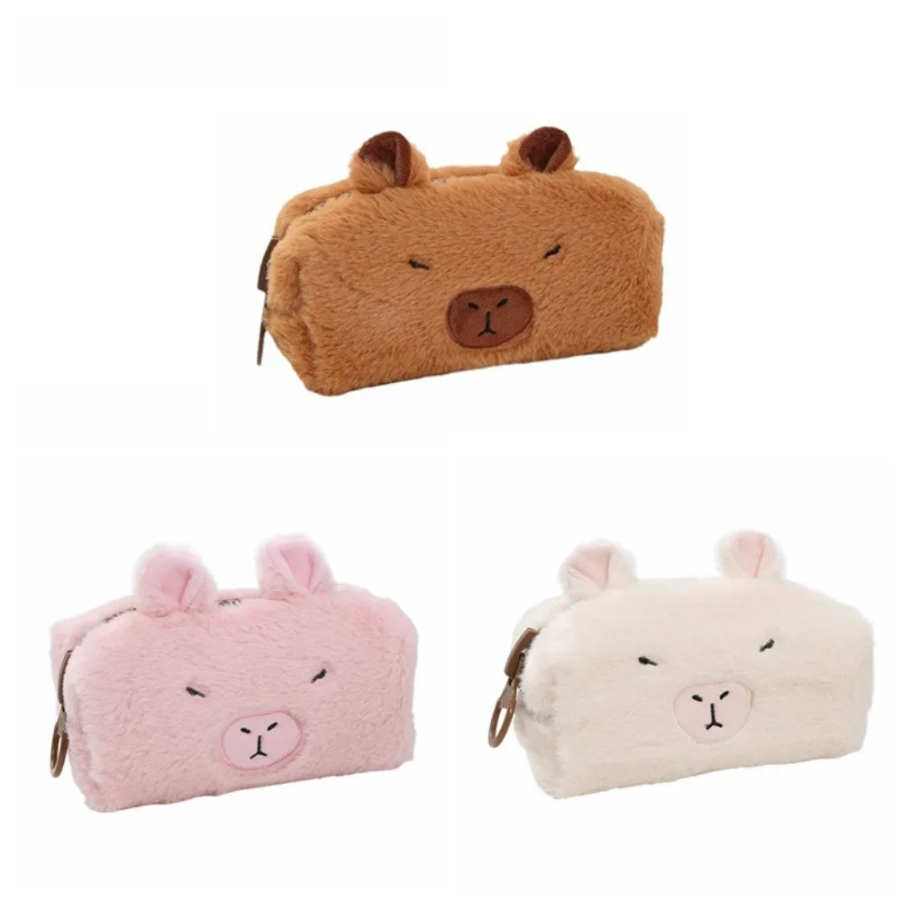 Sac à stylo en peluche Capybara de grande capacité pour enfants, fermeture à glissière animale, étui à crayons en peluche Capybara, poudres douces de dessin animé