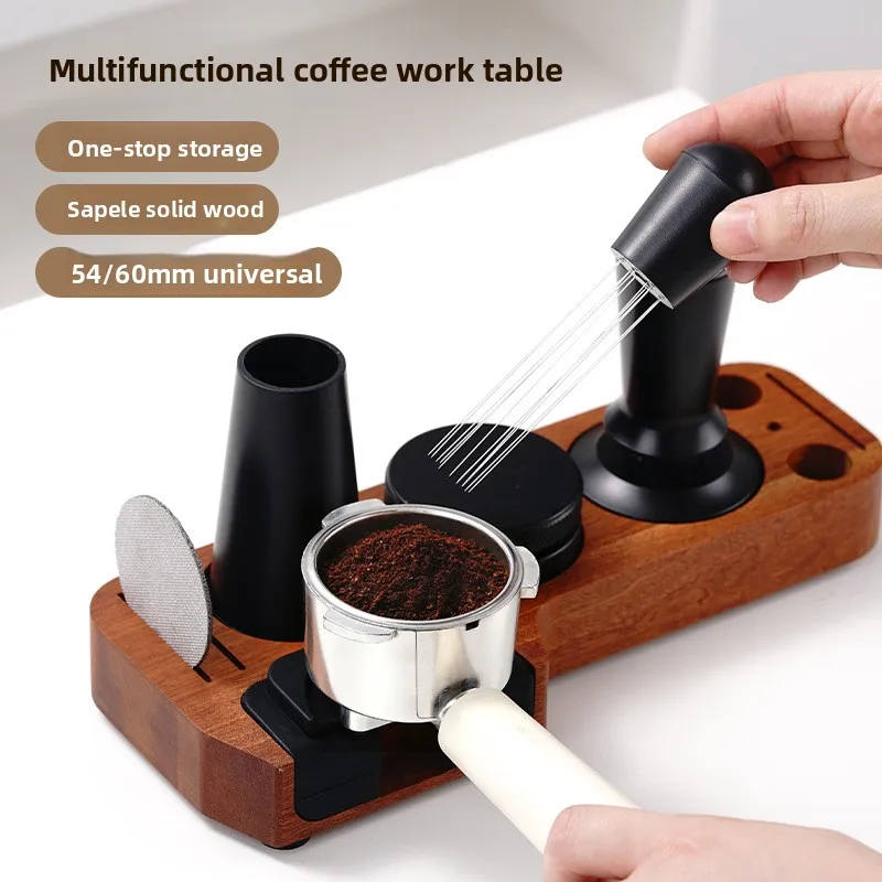 Sapele Espresso Tamping Station-Universal Dosing Funnel Holder &Tamper Organizer,Solid Wood Coffee Tool Stand Coffee Accessories