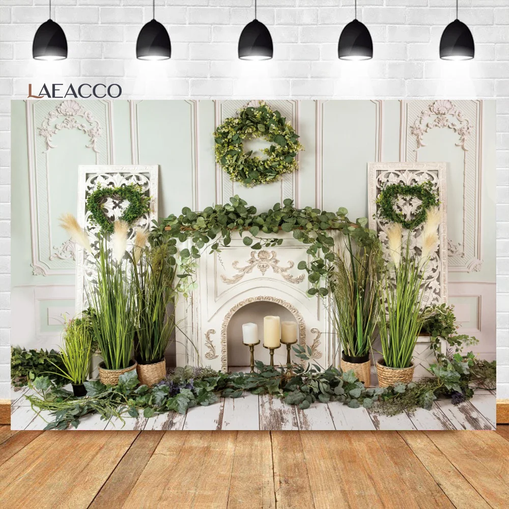 Laeacco Elegant Interior Backdrop European Style Wall Fireplace Green Grass Flowers Kid Birthday Portrait Photography Background