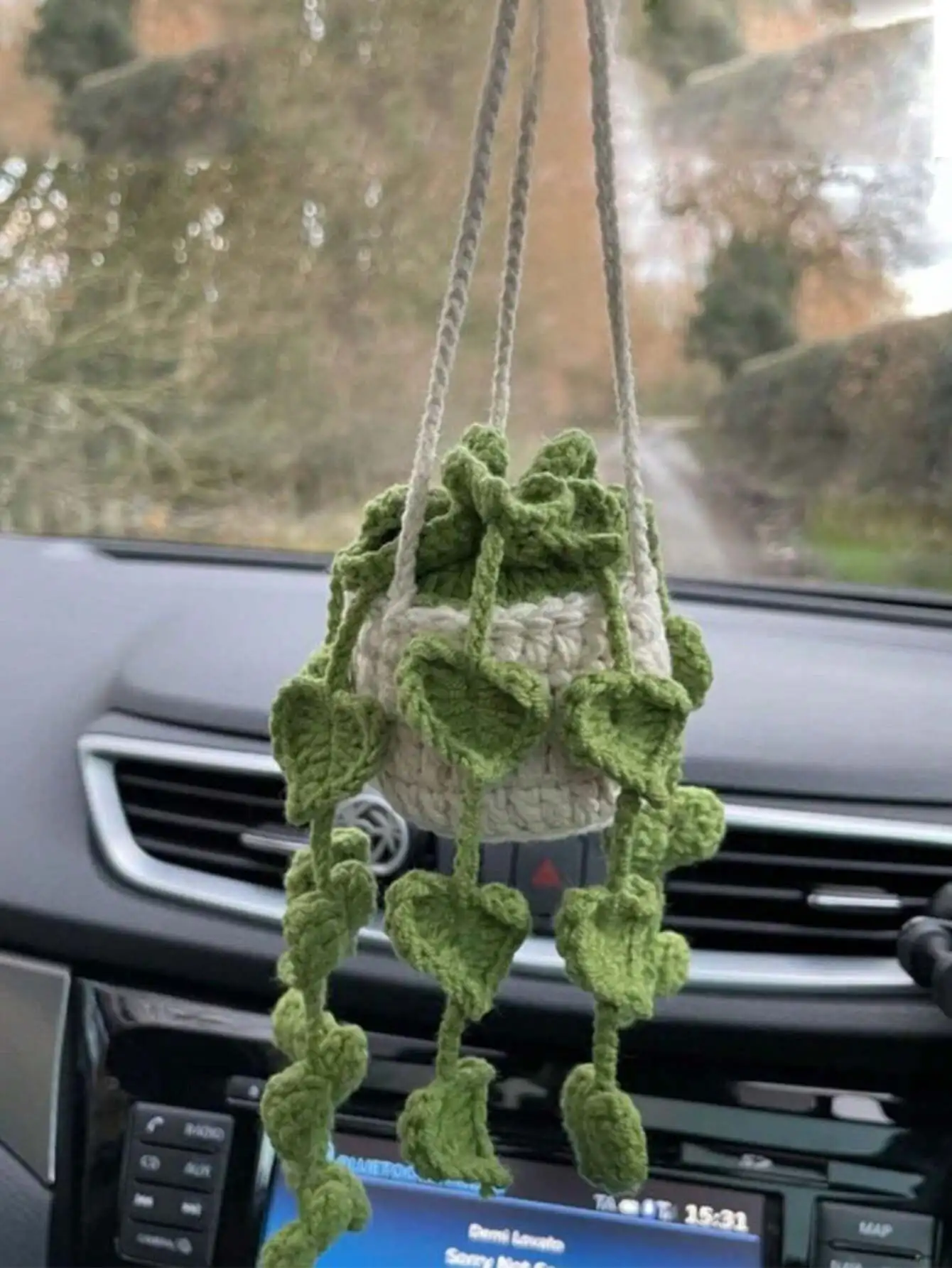 1pc Handmade Crocheted Succulent Planter Hanging Decoration For Car, Creative Car Rearview Mirror Green Plant Ornament