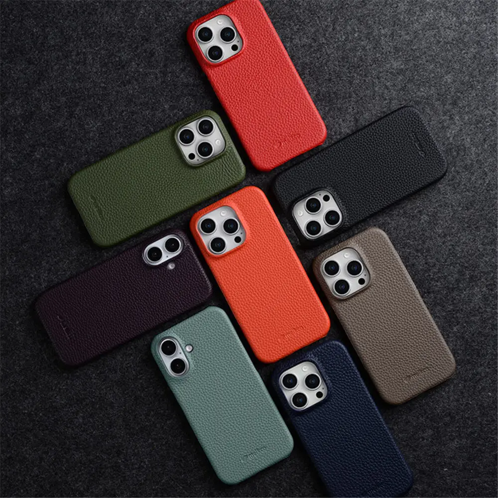 Magnetic Genuine Cowhide Leather Litchi Slim Case for iPhone 16 16 Pro Max Magsafe Back Cover