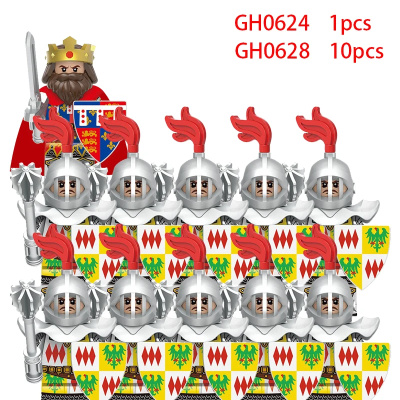 MOC – blocs de construction de roi militaire médiéval, figurines de soldats, cadeaux, boucliers, casques, cœur de lion, chevaliers teutoniques, agriculteur Militiaman