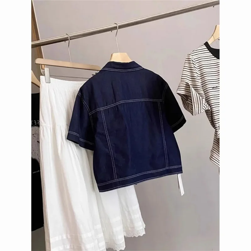 Deep Blue Retro Short Denim Shirts 2026 New Spring Summer Short Sleeved Loose Jeans Jacket Women Korean Versatile Outwear Tops