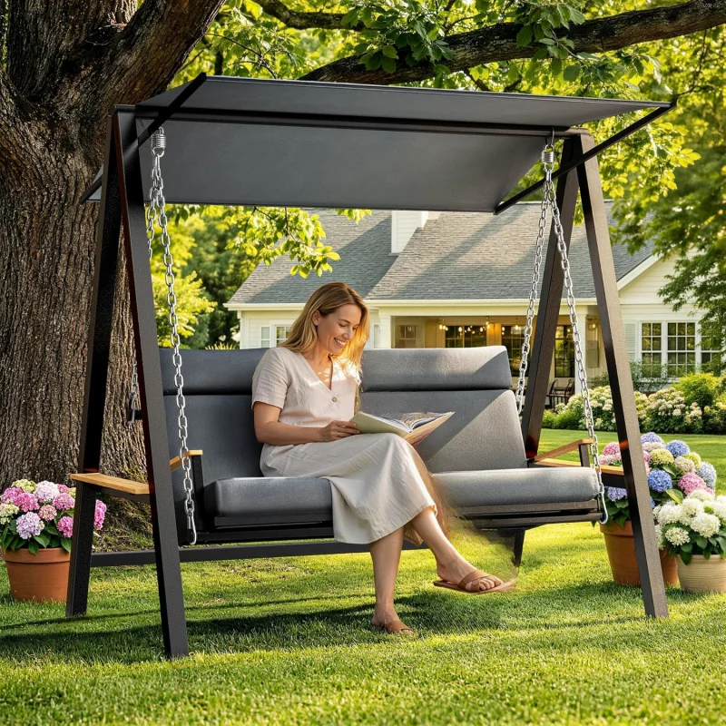 

2026 New：3-4 Porch Swing with Stand, 990lbs Heavy Duty Outdoor Swings Adults with 4“ Thick Cushions, Breathable