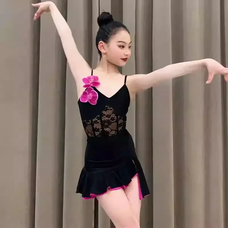 여자 봄과 여름 새로운 하이 엔드 어린이 스타일 연습 드레스 블랙 그룹 공연 드레스 라틴 댄스 드레스