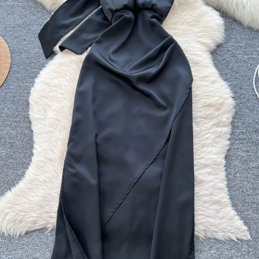 Retro Elegant  satin sleeveless slim pencil dress Casual High Waist Dress Women Long ceremony dresses