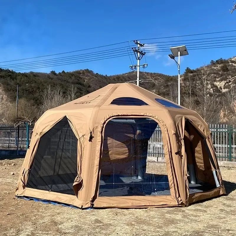 Luxury 5m Hexagonal Quick-Open Automatic Inflatable Poles 21.8 M2 Large Dome Four-season One Bedroom Camouflage Camping Tent