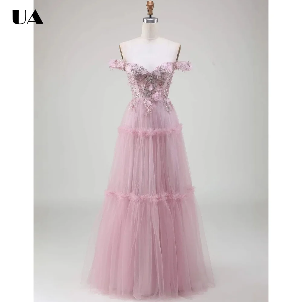 

ULBYANRY Customized Mesh A-line Appliques Evening Dress for Woman Romantic Flower Party Dress Formal Off-the-shoulder Ball Gown