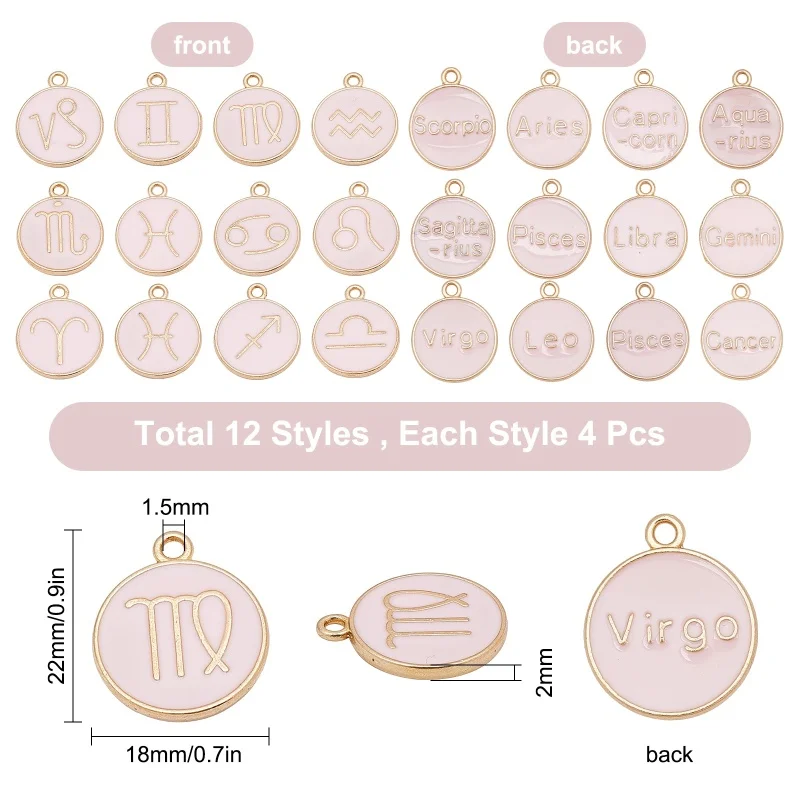 

1Box Alloy Enamel Pendants Flat Round with Constellation Light Gold Pink 12 Constellations 22x18x2mm Hole: 1.5mm 48pcs