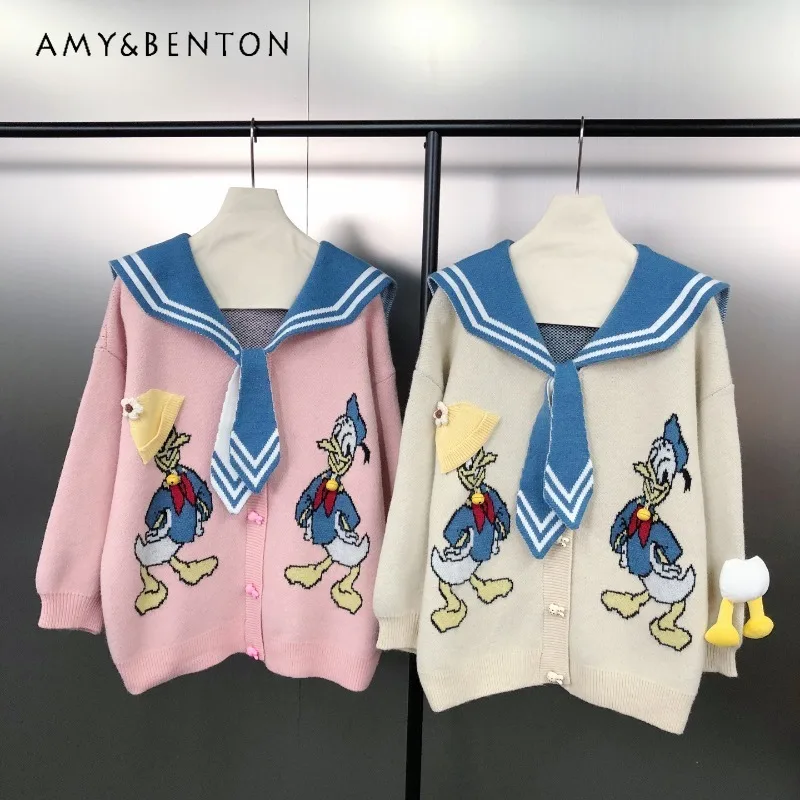 

New Japanese College Style Age-Reducing Tie Color-Block Cartoon Jacquard Loose Pullover Sweater Ladies Y2k Long-sleeves Knitwear