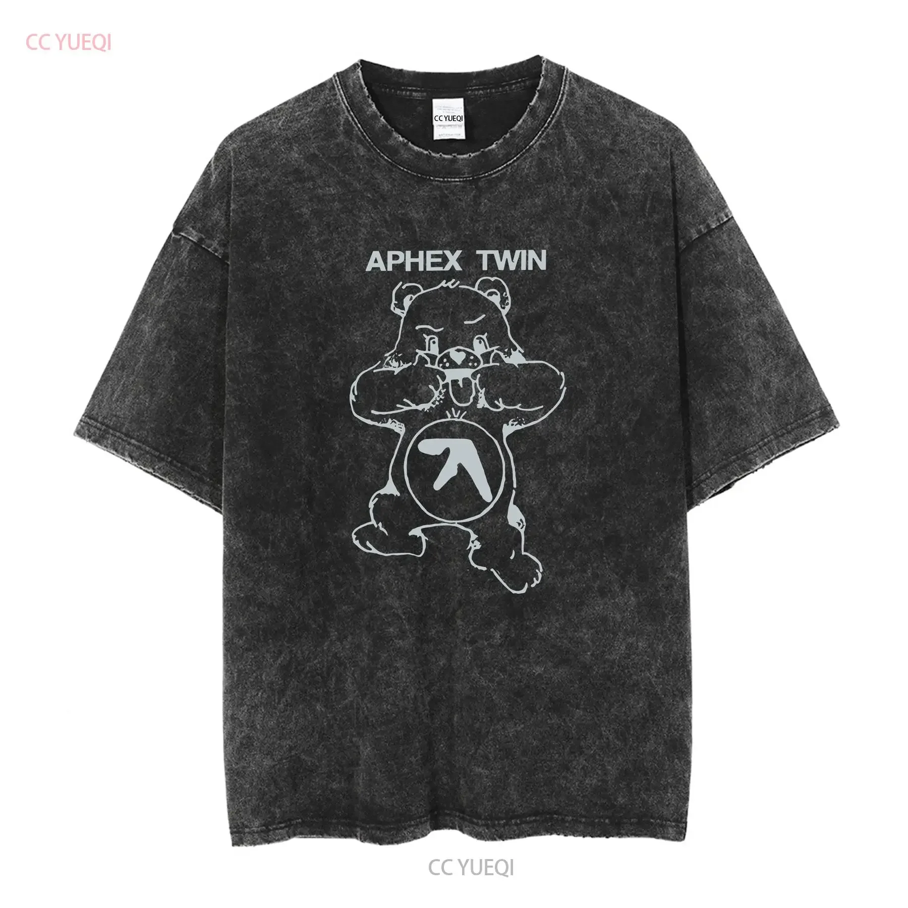 Aphex Twin Bear logo basic black short sleeve T shirt cotton NH3940 vintage Washed Soft Stretched Comfortable streetwear