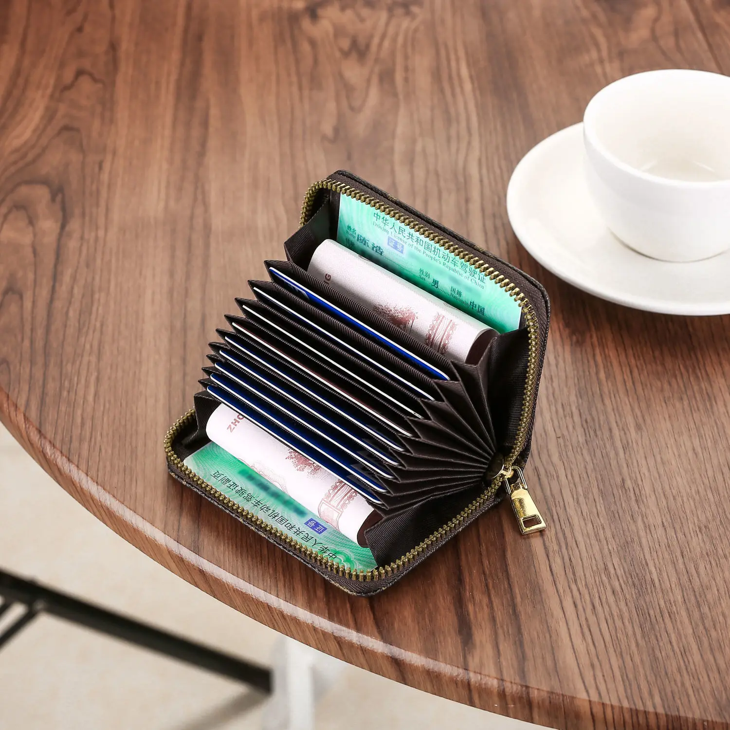 Korean Style Plaid Pattern PU Card Holder for Women - Zipper Small Coin Purse, 9-Slot Accordion Female Card Case