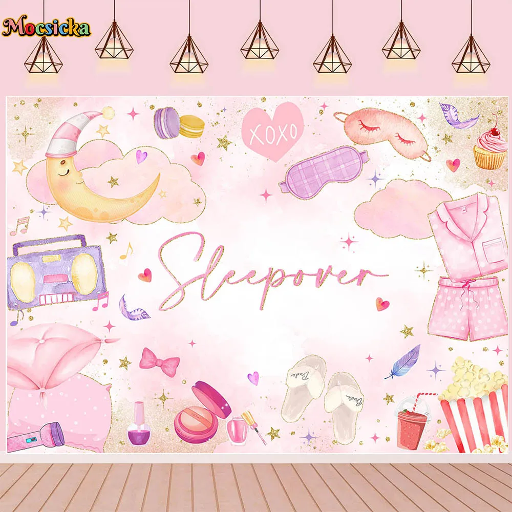 Sleepover Bachelor Party Backdrop for Girl Pajamas Pillow Fight Music Theme Background Carnival Night Dessert Table Pink Booth