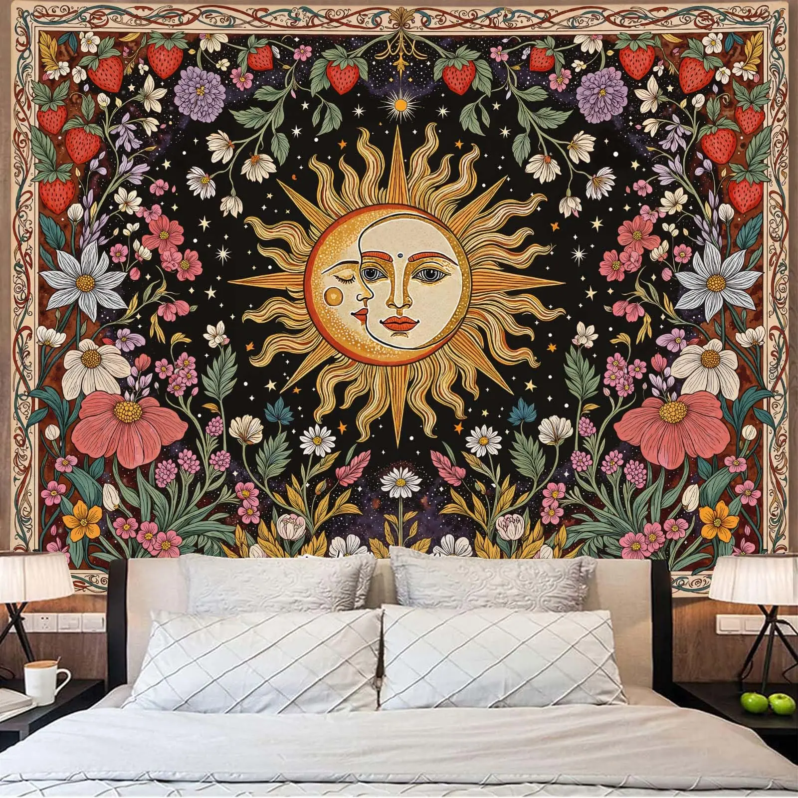 1PC Boho Sun Moon Floral Strawberry Red Yellow Print Tapestry, Boho Style, Bedroom Living Room Kitchen Wall Hanging, Wall Art