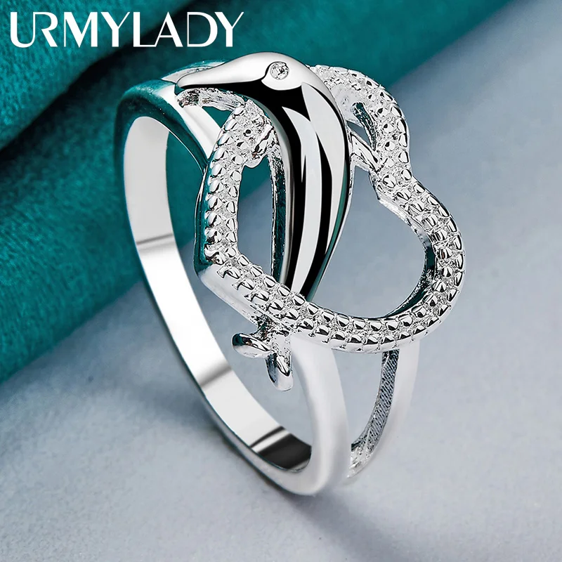 URMYLADY 925 Sterling Silver Dolphin Heart 7-10# Charm Ring For Women Wedding Engagement Fashion Jewelry