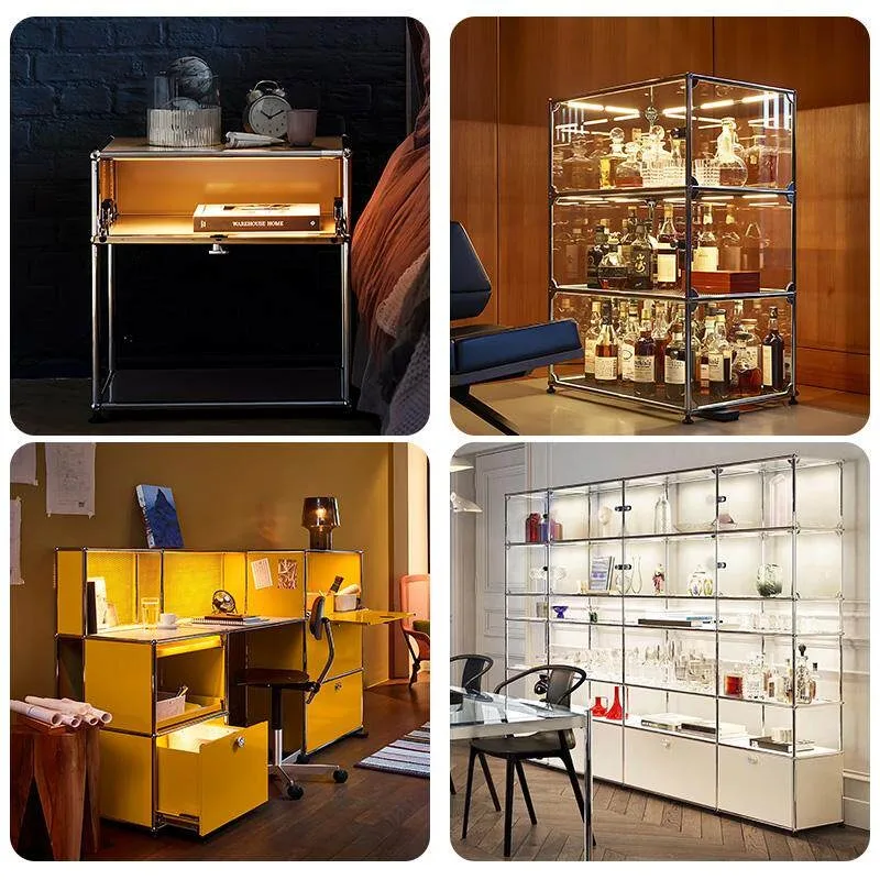 Medieval Module Combination Stainless Steel Side Cabinet Modern Simple Storage Lighting