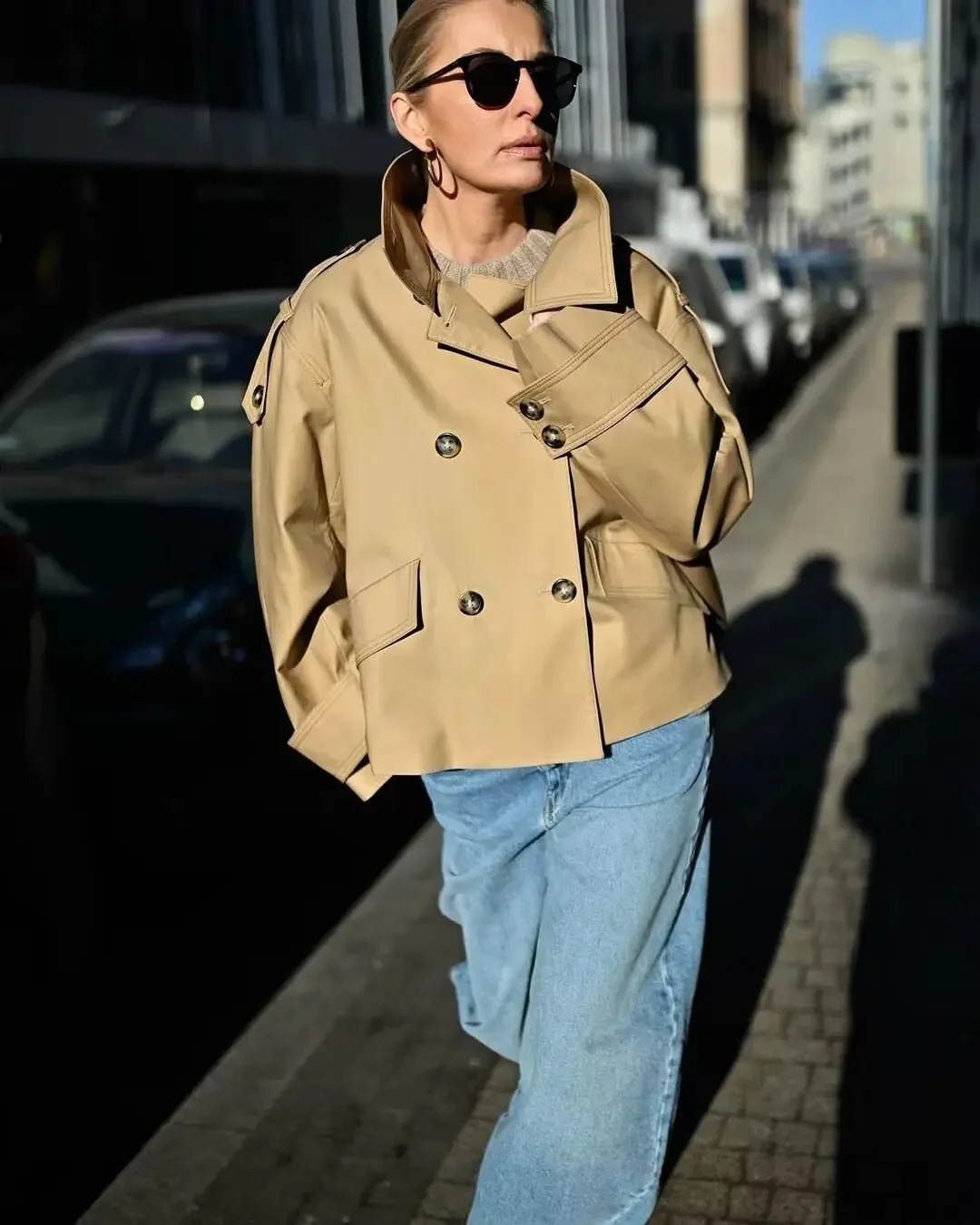 

Khaki Trench Coat Women Double Breasted Jacket Woman Stand Collar Full Sleeve Pocket 2025 Autumn Casual Loose Outerwears Lady