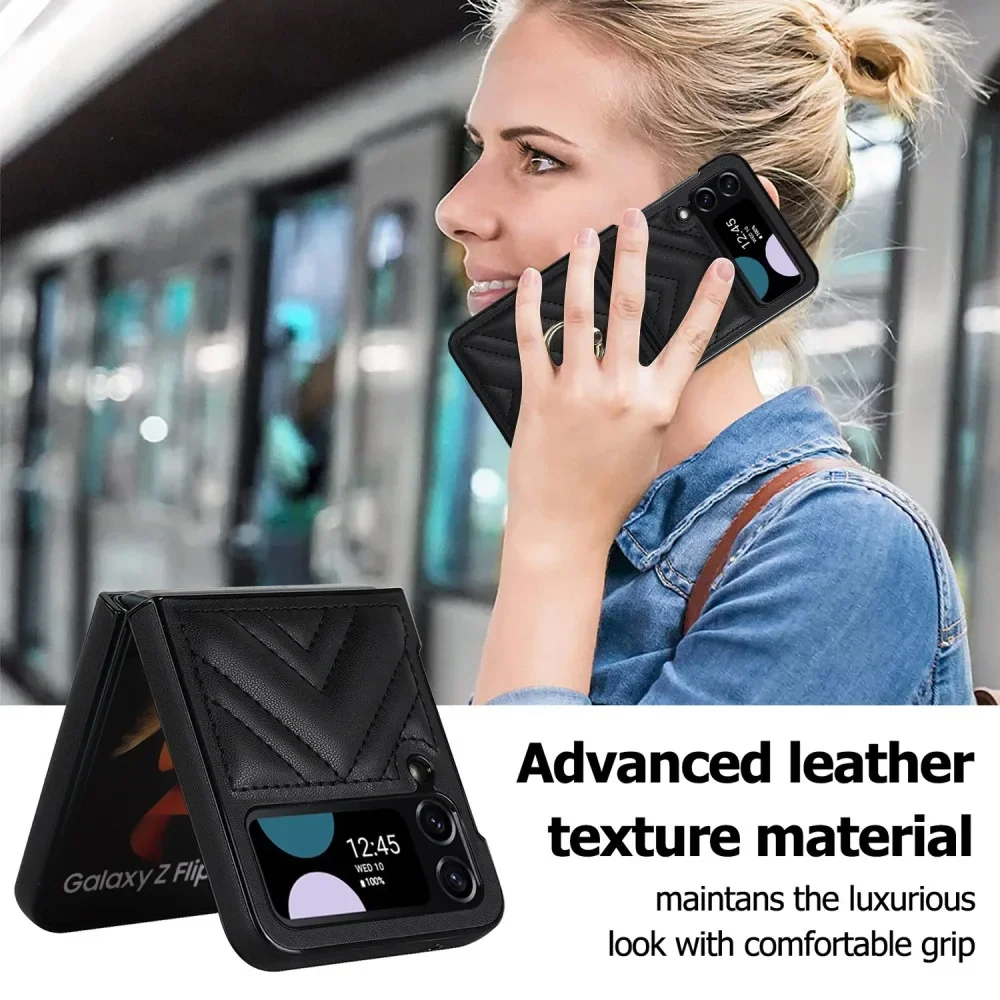 Solid Color Leather Flip Phone Case for Samsung Galaxy Z Flip6 & Z Flip5 with Finger Ring