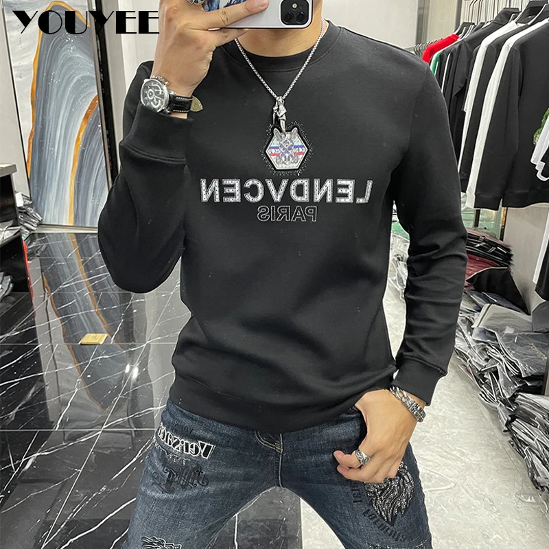 Men\'s Slim Hoodies Rabbit Print Hot Diamond Male Sweatershirts Casual Round Neck White Pullover Autumn Winter New Man Clothing