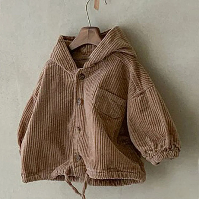 Spring children\'s jacket, boys new style cardigan, fashionable hooded denim jacket, girls solid color corduroy casual jacket