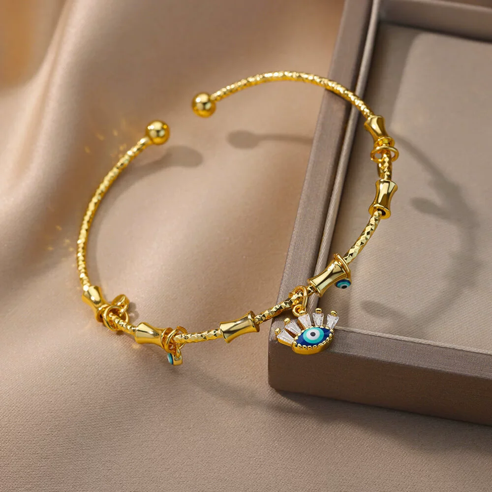 سوار بحليات العين الزرقاء للنساء الفولاذ المقاوم للصدأ الزركون سوار الإسورة التركية الفاخرة زوجين اليد مجموعات مجوهرات الأساور بيجو فام #3