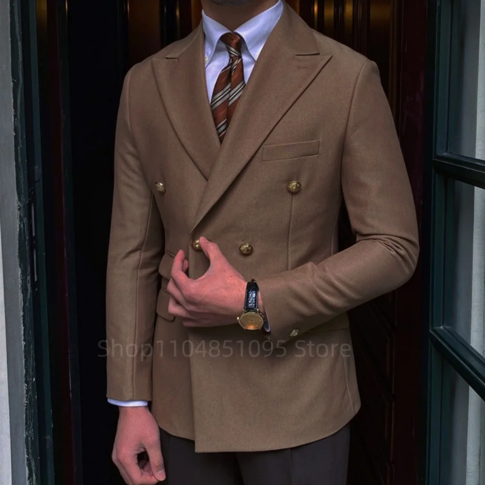 

Formal Men Suit Jacket Slim Fit Navy Long Sleeve Peak Lapel Double Breasted Blazer Business Coat Work Office Jacket