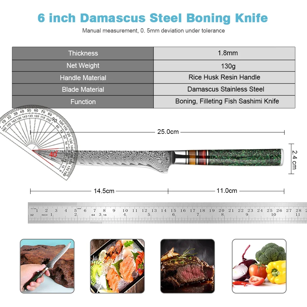 Boning Knife 6 Inch,Japanese Fillet Knife with Damascus Steel Sharp Flexible Blade,Kitchen Deboning Knife,Rice Husk Resin Handle