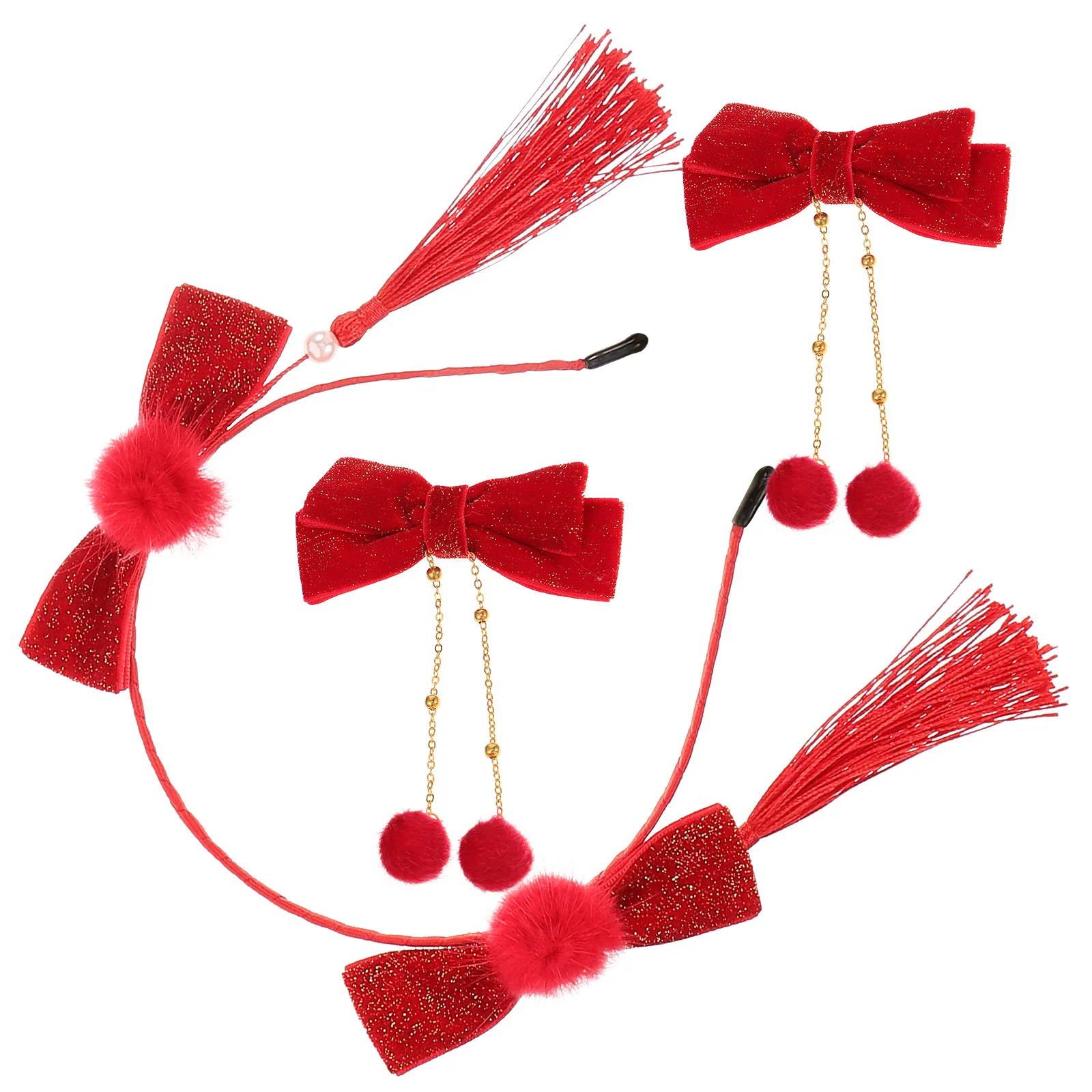 

2 Pieces Red Golden Glitter Bow Hairband Clips Furry Balls Tassels Girls Chinese New Year Headwear Accessories