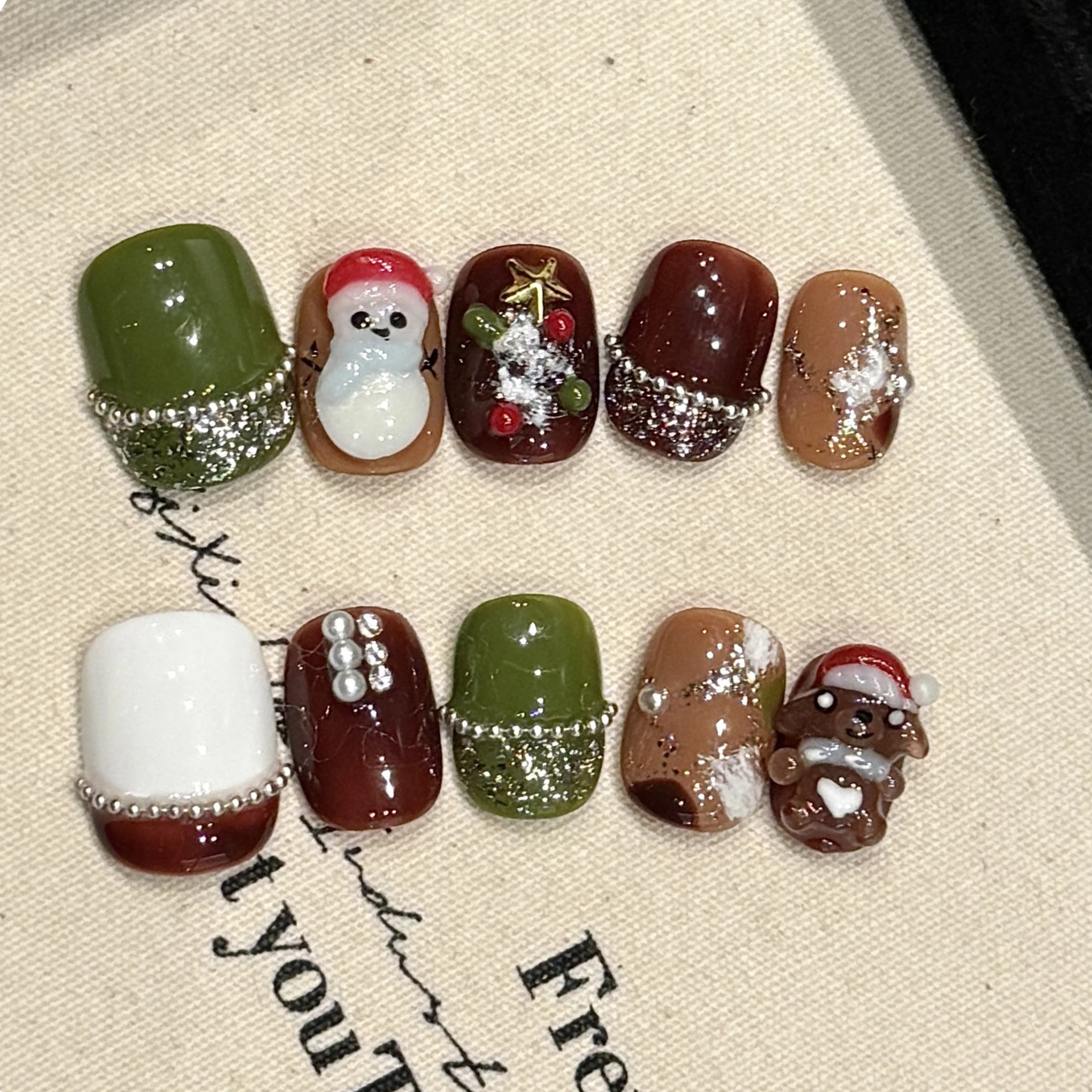 10Pcs Handmade Press on Nails French Cute Jump Color Bow Design Cartoon Elk Deer Short Square Wearable False Nail Christmas Time