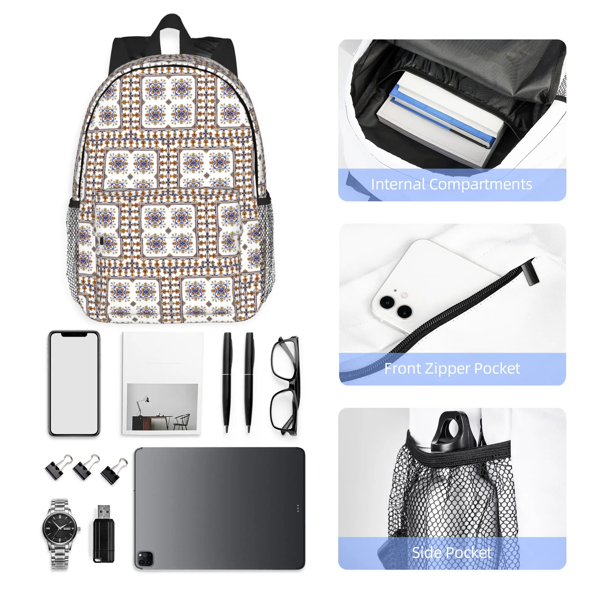Traditional Portuguese Azulejo Blue Orange Floral Tile Pattern Backpack Hot Sale Daypack BookBag Shoulder Bags  School Bag