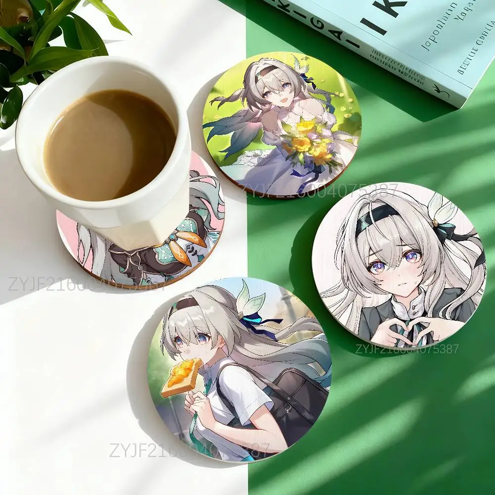 

H-Honkai Star Rail Firefly Pattern Art Coasters Round Wooden Heat Resistant Non-Slip Home Decor Gift Multifunctional