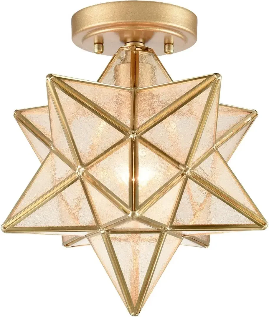 

12-Inch Moravian Star Ceiling Light Brass Boho Moravian Star Flush Mount Light with Seeded Glass Shade, E26 Light for Bedroom, E