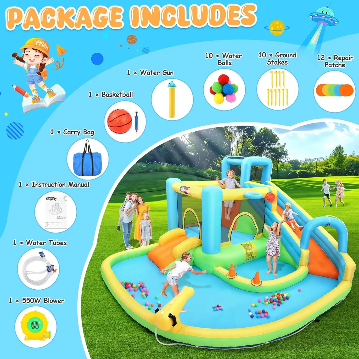 Corrediça inflável da água da casa do salto para crianças 12.7ft x12ft parque aquático com piscina de respingo, parede de escalada, conjunto de bola de captura & anel de arremesso