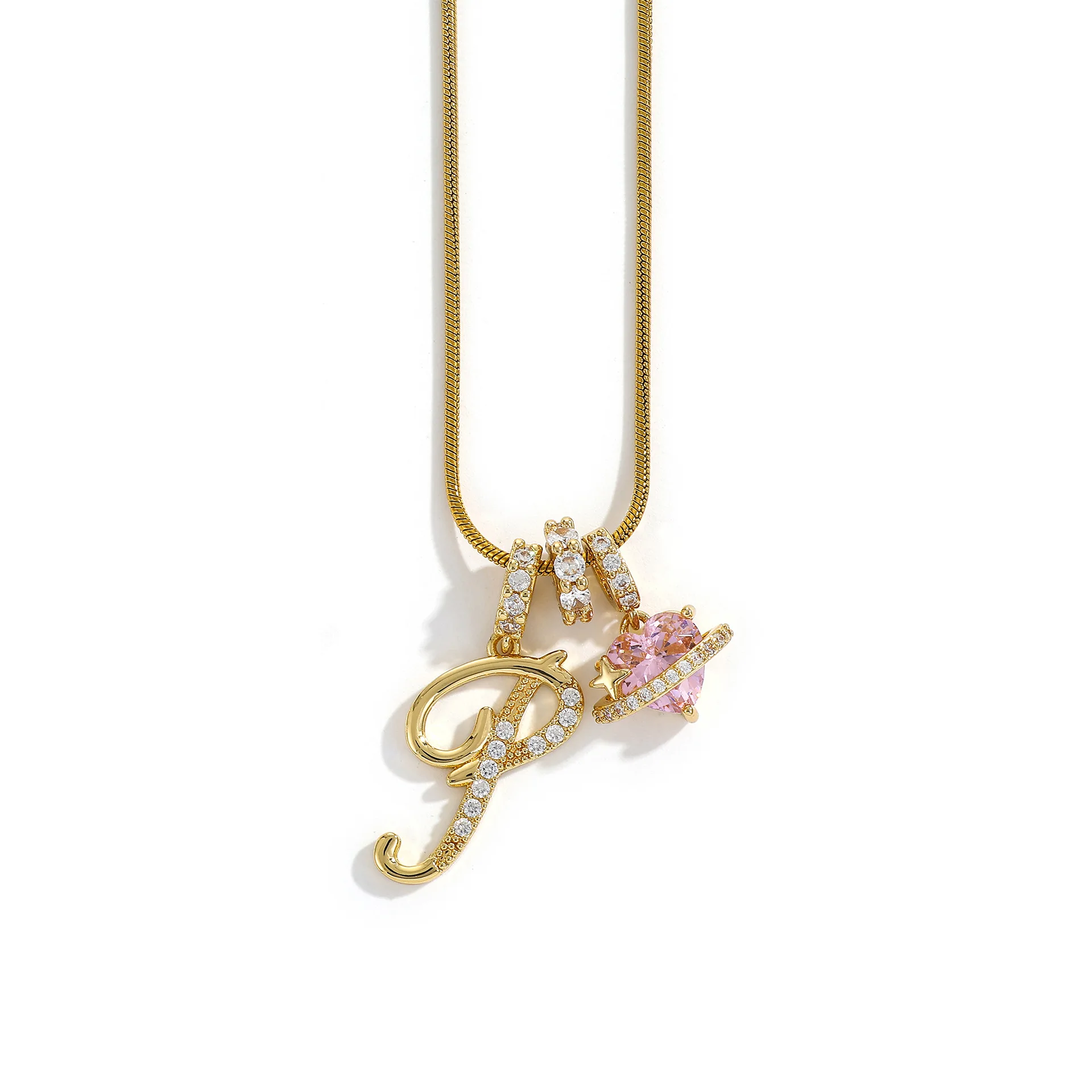 Women's A-Z Initial Letter Pendant Necklace Snake Chain Initial Alphabet CZ Pink Heart Necklace Adjustable Size Hypoallergenic