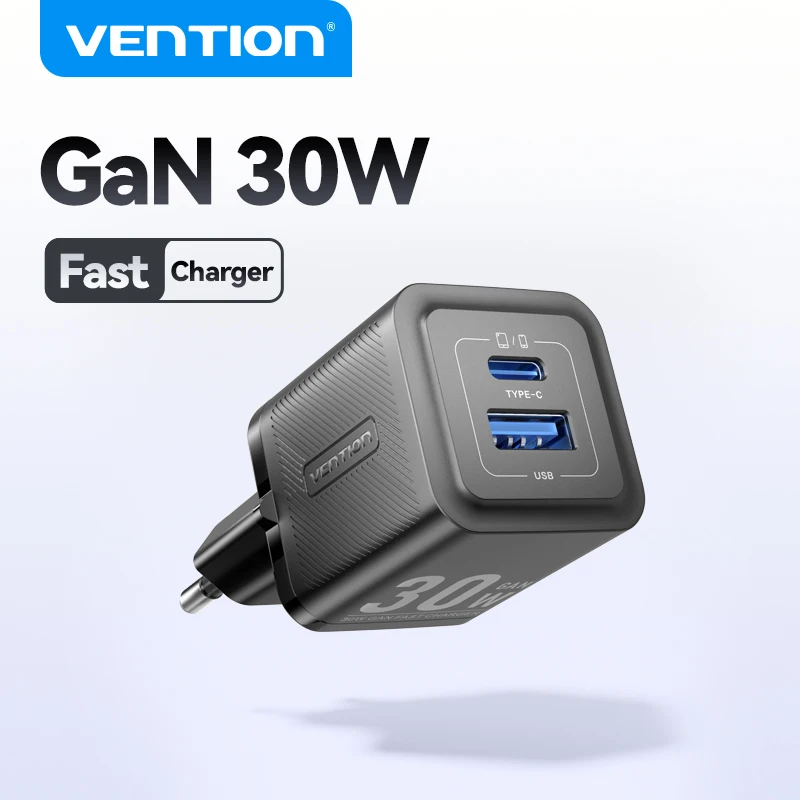 Vention GaN 30W Fast Charger for iPhone 16 15 14 13 12 PD3.0 Charger for iPad Pro Xiaomi Samsung USB Type C Mobile Phone Charger